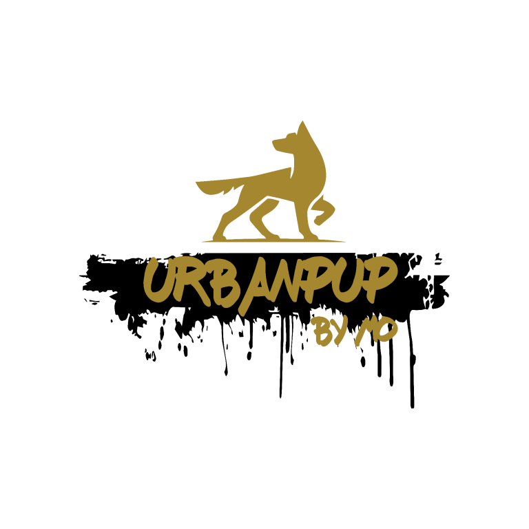 Hier ist ein goldener Schäferhund von der Seite zu sehen. Unter diesem sieht man den Schriftzug und Namen der Firma urbanpup by mo.